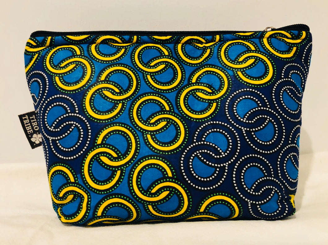 Large blue yellow circles beauty/ travel bag