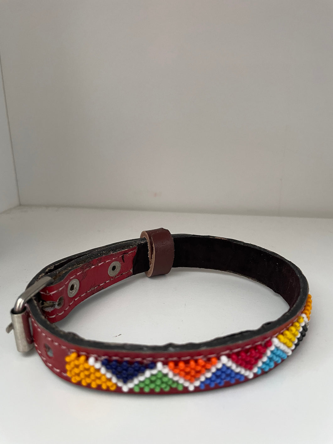 Lewa Small Red Leather Beaded Pet Collar