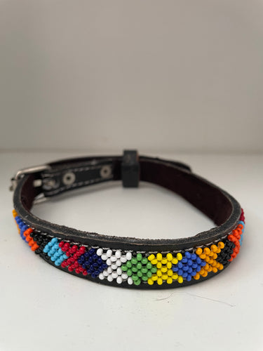 Lewa Small Black Leather Beaded Pet Collar