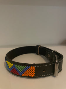 Lamu Medium  Brown Leather Beaded Dog Collar